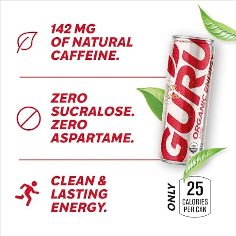 GURU Variety Pack Clean Energy Drink Organic Drinks 142 mg Natural Caffeine with Green Tea Pre Workout Low Calorie Sucralose Free Vegan Plant Based For Performance & Focus Mix 103237425