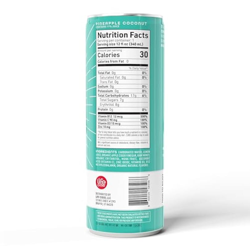 Life Cider Pineapple Coconut Sparkling Water Drinks w/ Apple Vinegar shot for Digestion & Acid Reflux Low Carb Low-Calorie Immunity Booster C D3 zinc B12 12 Fl Oz Pack of 121481658