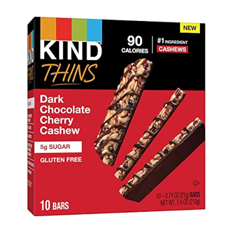 KIND THINS Dark Chocolate Cherry Cashew, 0.74 Ounce, 10 Count, Gluten Free Bars, 5g Sugar (60 Bars) 125304920