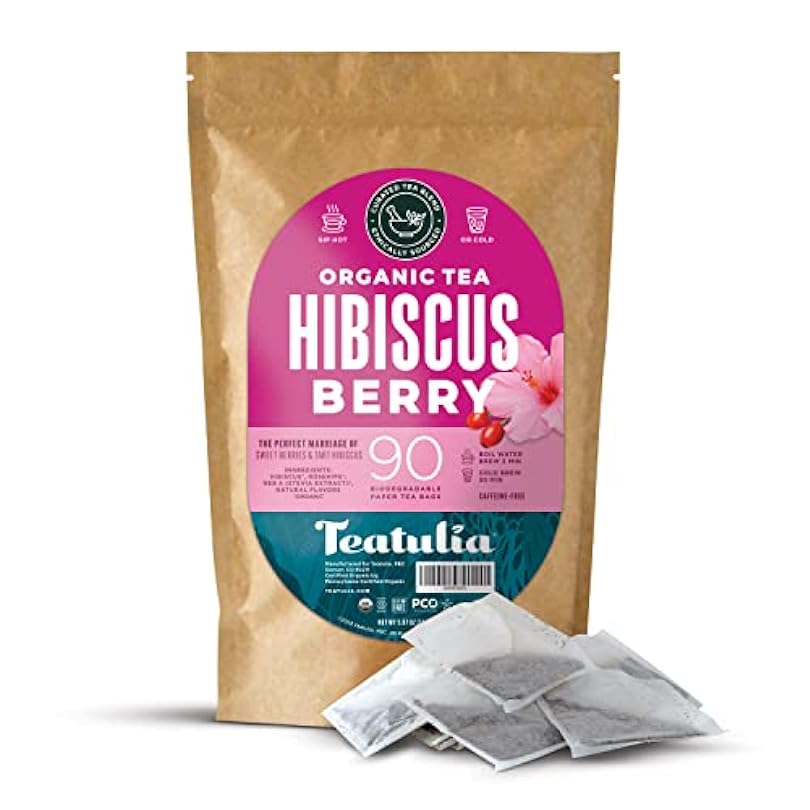 Teatulia Organic Hibiscus Berry Tea Bags (90 Square Tea Bags) | 100% Compostable | Sustainably Grown In Egypt | Hibiscus & Rose Hips 143670634