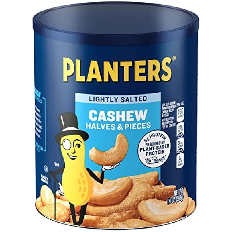 PLANTERS Lightly Salted Cashew Halves & Pieces 14 oz Canister - Cashews Roasted in Peanut Oil Seasoned with Sea Salt Snacks for Adults Resealable Lid Long-Lasting Freshness Kosher 144792781