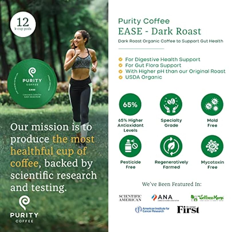 Purity Coffee EASE Dark Roast Low Acid Organic - USDA Certified Specialty Grade Arabica Single-Serve Pods Third Party Tested for Mold Mycotoxins and Pesticides 12 ct Box 188592848