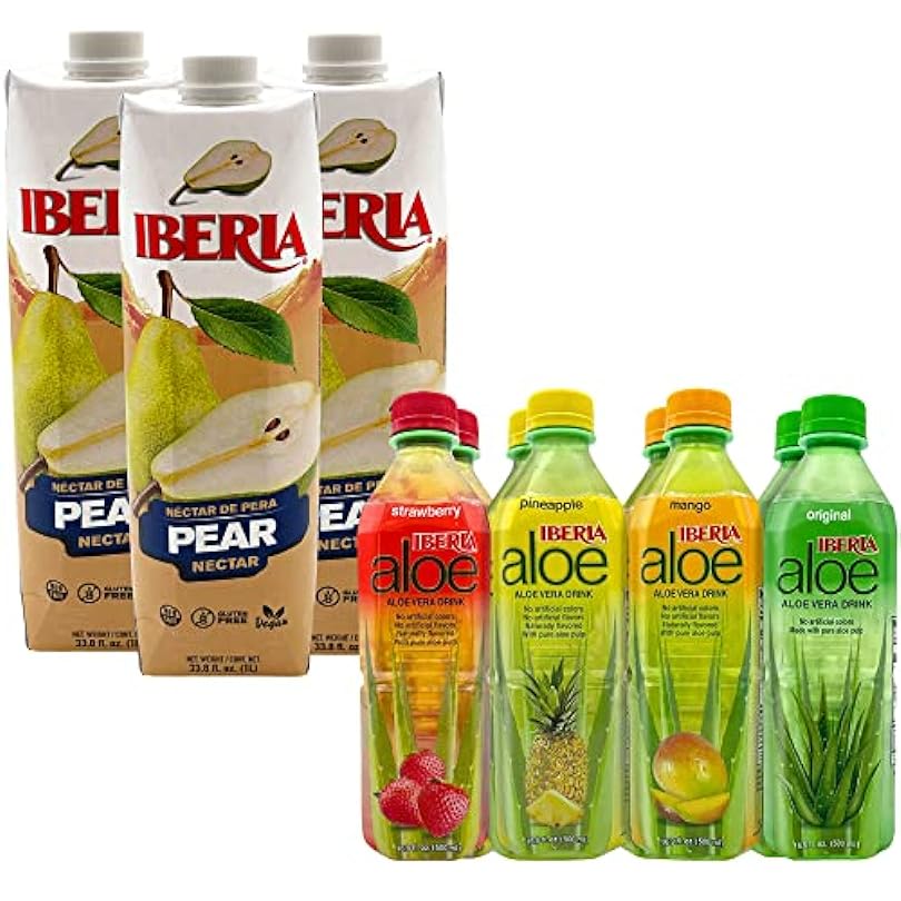 Iberia Aloe Vera Drink with Pure Aloe Pulp, Variety, (Pack of 8) + Iberia Pear Nectar, 33.8 Fl Oz, Pack of 3 20380274