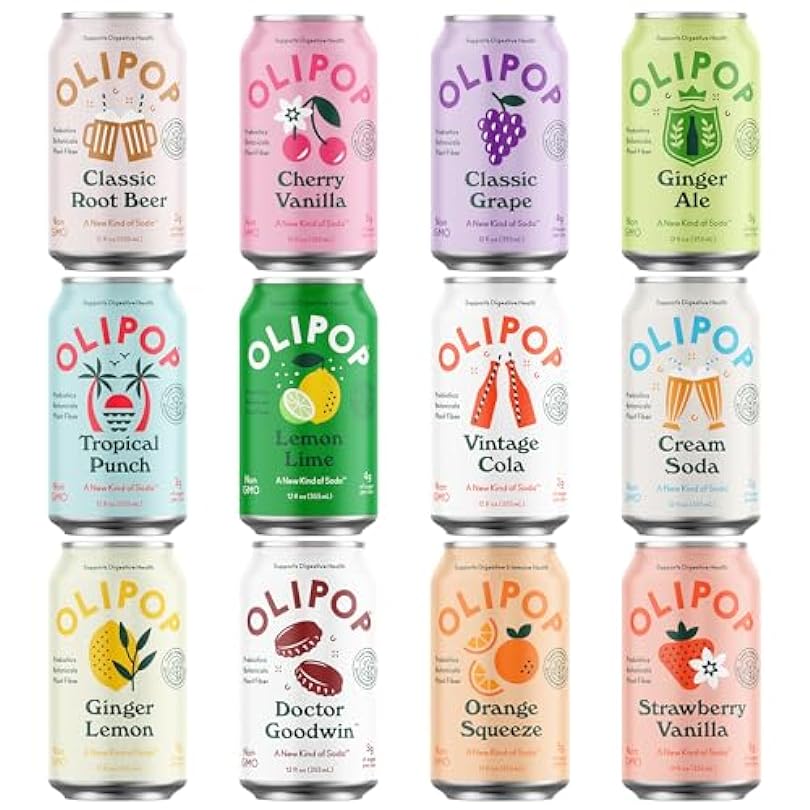 OLIPOP - Explore the Flavors Pack 12-Flavor Soda Variety Healthy Prebiotic Soft Drinks Supports Digestive Health & Gut 9g of Dietary Plant Fiber Low Calorie Sugar Vegan 12 oz 12-Pack 221566228