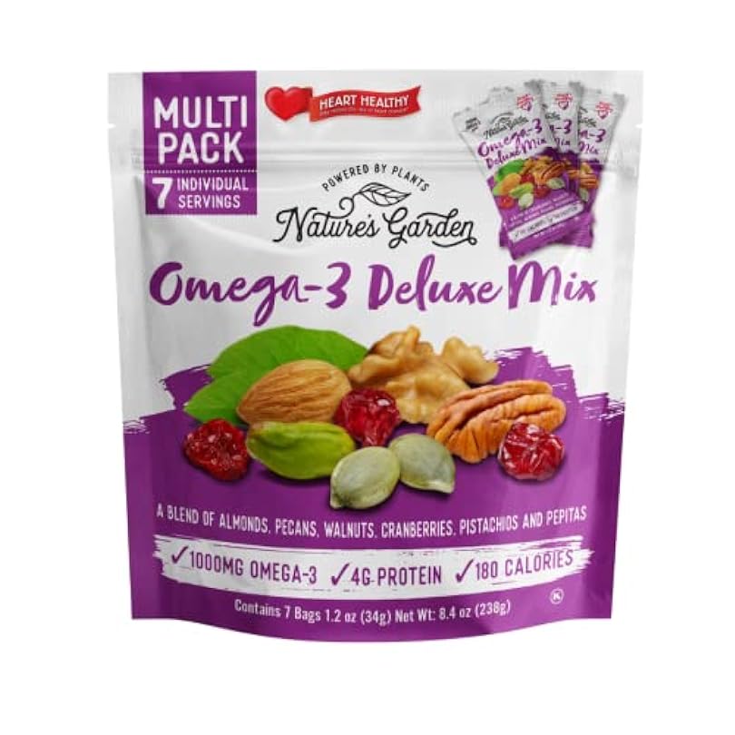 Nature's Garden Omega 3 Deluxe Mix - Trail Nuts Heart Healthy Gluten Free Cholesterol Sodium No Artificial Ingredients 1.2 oz Bags 7 Individual Servings 237036696