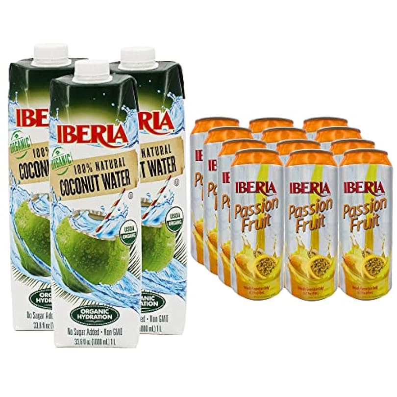 Iberia Passion Fruit Juice Drink, 16.57 Fl Oz (Pack of 12) + Iberia 100% Pure Organic Coconut Water, 1 Liter, 33.8 Fl Oz (Pack of 3) 247570124