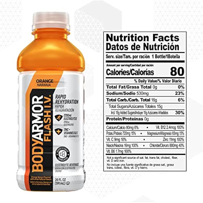 BODYARMOR Flash I.V. Rapid Rehydration Electrolyte Beverage, Orange, 20 Fl Oz (Pack of 12) 267949694