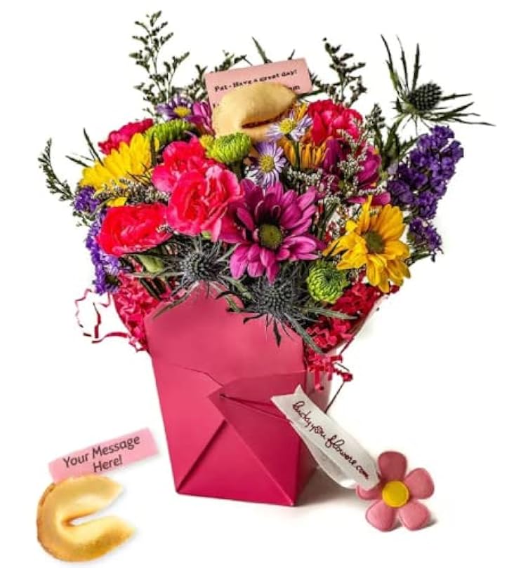 Pretty In Pink Fresh Cut Live Flowers Arranged in a Takeout Container with your Personal Message Tucked Inside a Fortune Cookie 295655291
