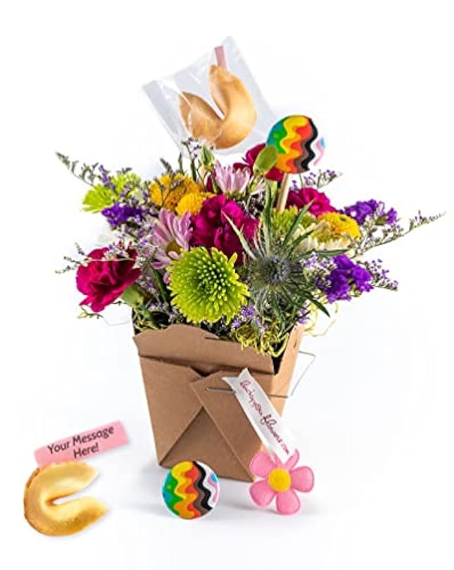 Pride Fresh Cut Live Flowers Arranged in a Takeout Container with Your Personal Message Tucked Inside a Fortune Cookie 314215394