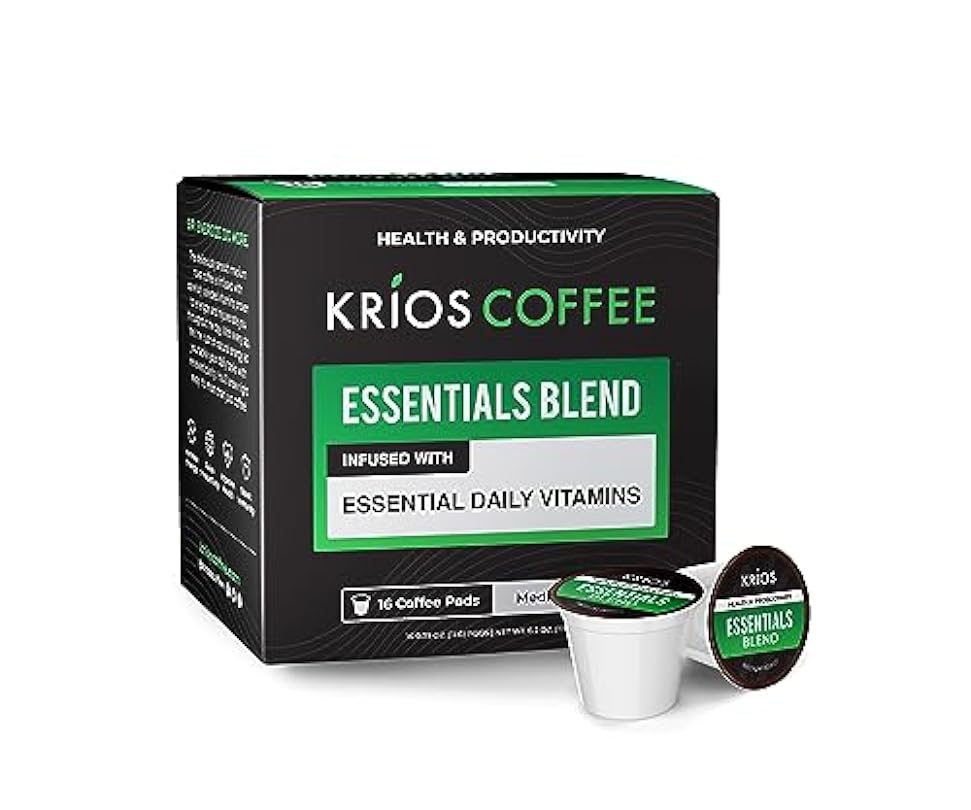 Krios Coffee Essentials Coffee Pods, Enhance Productivity & Health with Vitamin B-Complex and D3, Medium Roast, Smooth, 16 Ct 3145158