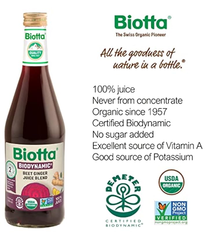 Biotta Biodynamic Beet Ginger Juice - Demeter Certified 100% Natural Beetroot Superfood Helps Support Blood Pressure Brain Stamina & Energy  16.9 Fl Oz Pk of 6 360234189