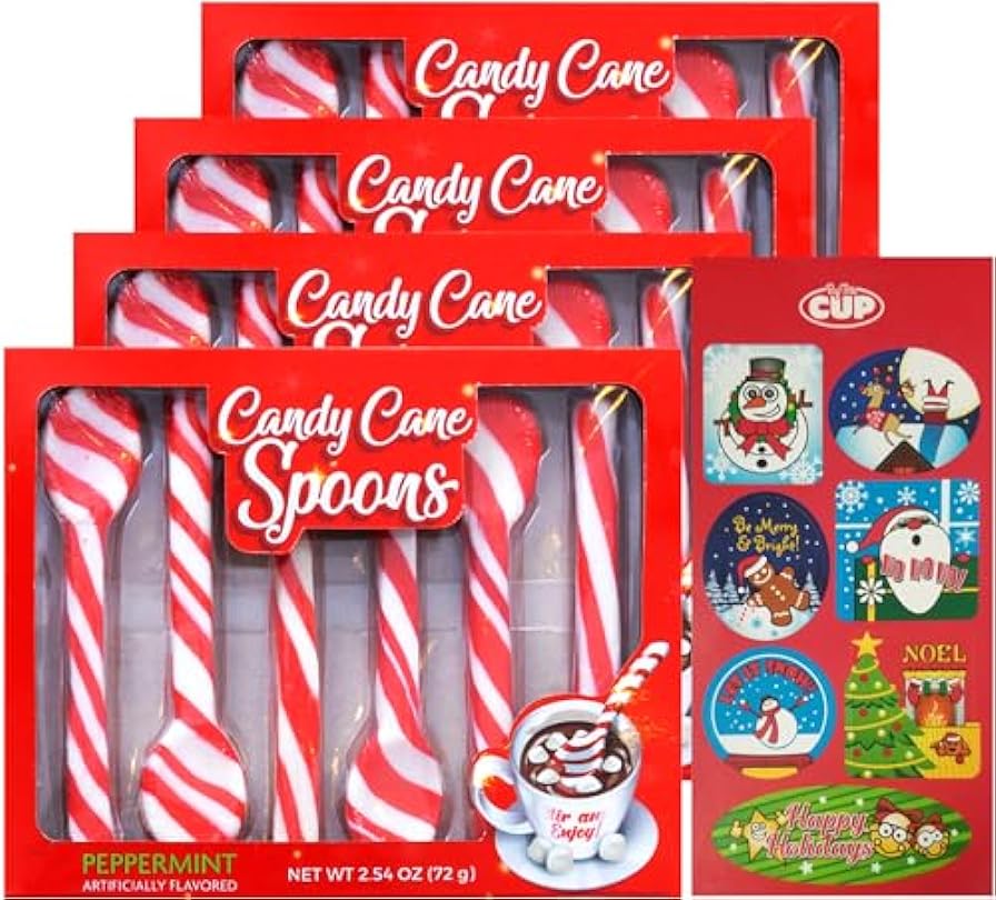 Albert's Peppermint Candy Cane Spoons, 6 Count Gift Box (Pack of 4) with By The Cup Christmas Stickers 36459672