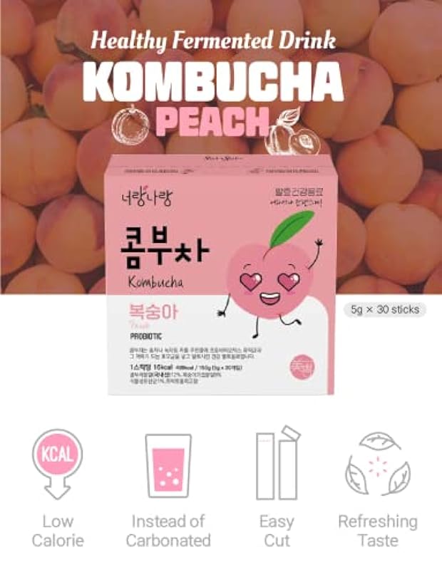 [ 30 Sticks, 5.3 Ounce ] Peach Kombucha Tea Sparkling Drink Contains Probiotics & Prebiotics Vitamin B Vitamin C Immunity Support Gut Health Fermented Tea [ Mippeum ] 387092515