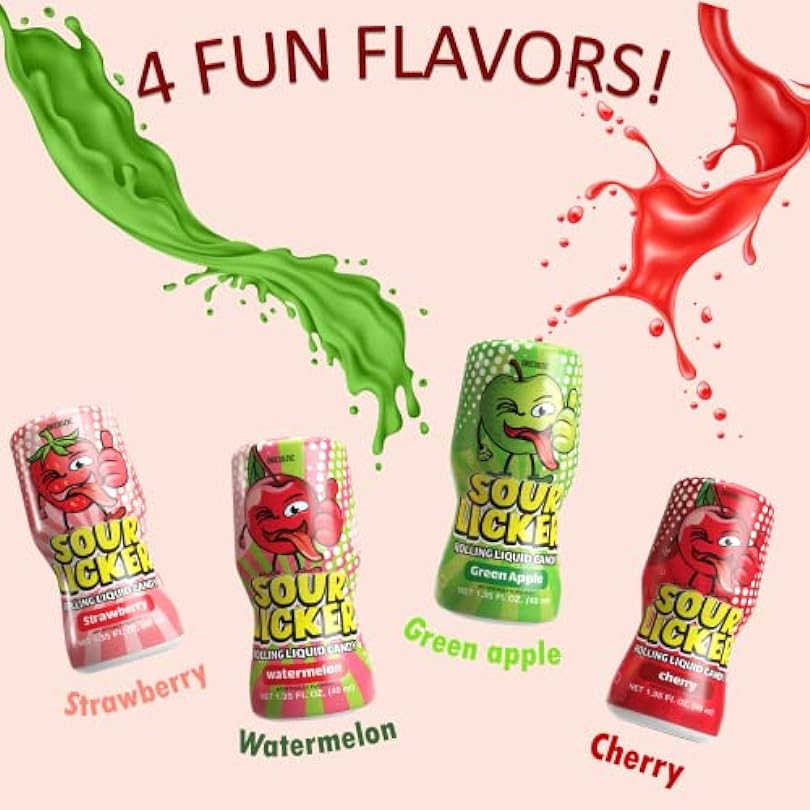 4-PK Slime Sour Lickers Candy Gluten Free 4 Flavor Variety Pack Watermelon Green Apple Cherry and Strawberry Rolling Liquid Treat for Parties Birthdays or Halloween 393177023