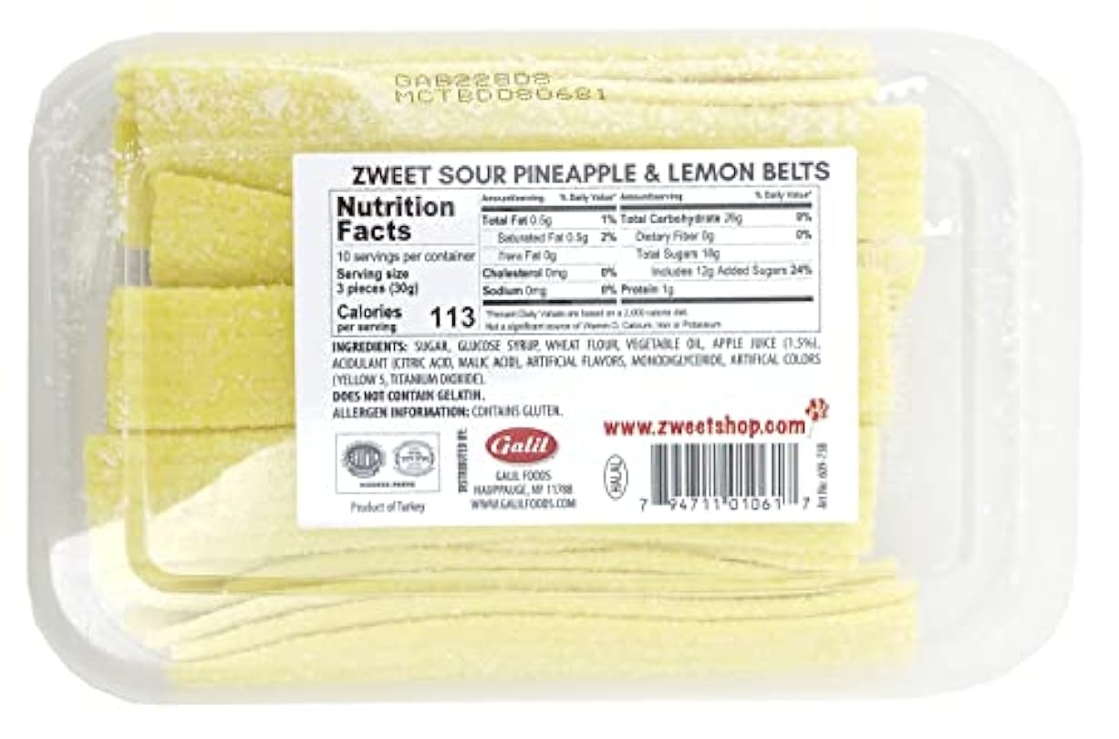 Zweet Sour Pineapple Candy Belts 10 Ounce – Sour Kosher Candy, Halal Candy Belts – Resealable Pack of Sour Licorice Belts (10 Ounce) 409355168