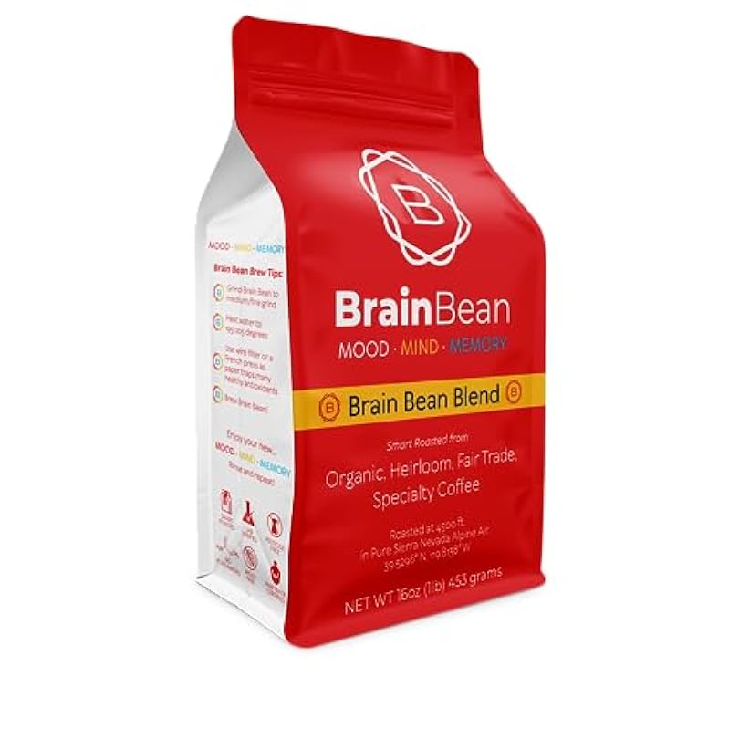 Brain Bean Organic Coffee | Smooth Taste, Antioxidant Rich & Fair Trade | Whole Bean Medium Roast 16 Oz 413672518