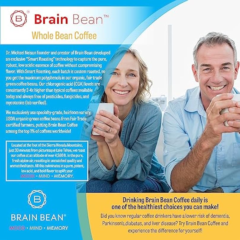 Brain Bean Organic Coffee | Smooth Taste, Antioxidant Rich & Fair Trade | Whole Bean Medium Roast 16 Oz 413672518