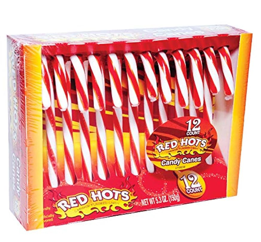 Ferrara (1) Box Original Red Hots Canes - 12 Cinnamon FLavored Capped Pieces per Box - Holiday & Christmas Candy - Net Wt. 5.1 oz 437358322
