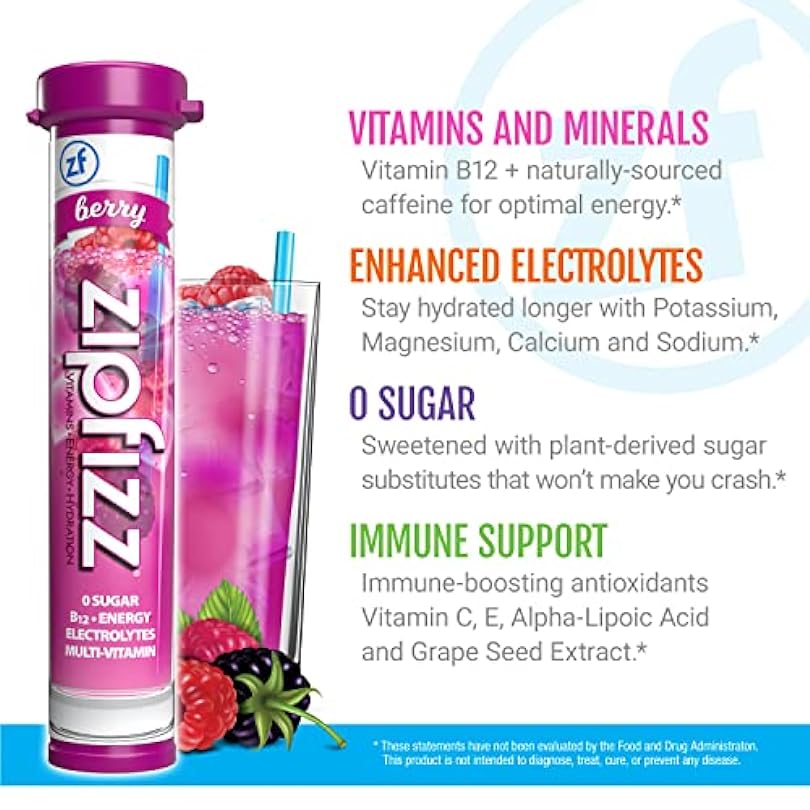 Zipfizz Energy Drink Mix, Electrolyte Hydration Powder with B12 and Multi Vitamin, Berry (20 Pack) 455260818