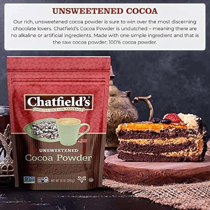 Chatfield’s All Natural Cocoa Powder Unsweetened 10-oz Pouch and Nutritious Premium Quality Sugar-Free Gluten-Free Vegan Kosher Non-GMO Verified - 2 Pack 478263636