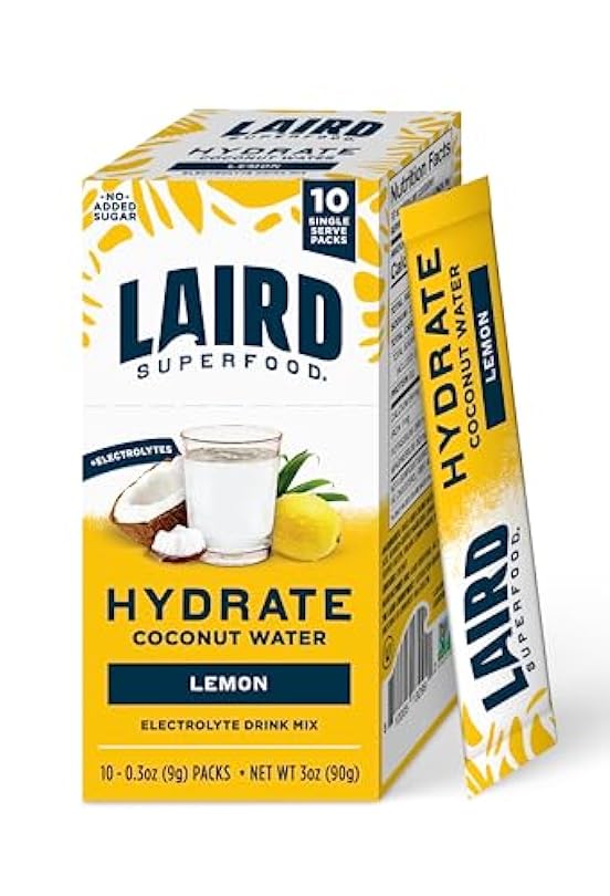 Laird Superfood Hydrate Coconut Water – Electrolyte Drink Mix - Lemon, 10 Single Serve Sticks – 0g Added Sugar – No Artificial Ingredients – On-the-go Hydration 487041578