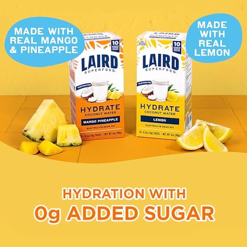 Laird Superfood Hydrate Coconut Water – Electrolyte Drink Mix - Lemon, 10 Single Serve Sticks – 0g Added Sugar – No Artificial Ingredients – On-the-go Hydration 487041578