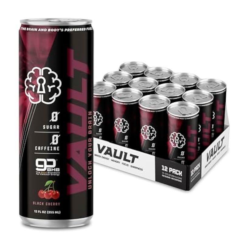 VAULT Caffeine Free Brain Energy Drink – Nootropic for Mental Focus Sharpness Memory and Reaction Time No Crash or Jitters Sugar 12 Fl Oz Pack of Black Cherry 490804734