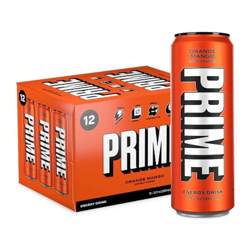 PRIME Energy ORANGE MANGO Zero Sugar Drink Preworkout 200mg Caffeine with 300mg of Electrolytes and Coconut Water for Hydration Vegan Gluten Free 12 Fluid Ounce Pack 504143474