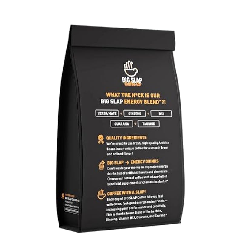 Big Slap Coffee Co. Medium Roast Grounds - 12 Oz Extra of Energy Special Blend Arabica Beans Yerba Mate Ginseng Vitamin B12 Guarana and Taurine Quality Ingredients 504286143