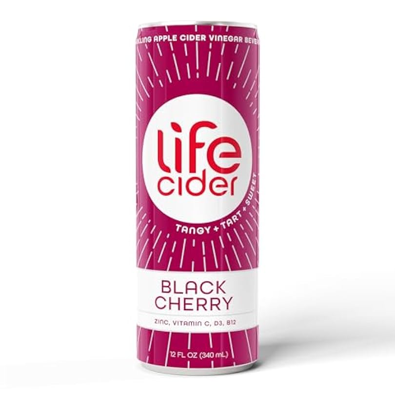 Life Cider Black Cherry Soda w/Apple Vinegar & Immunity Benefits Low Calorie Carb Beverage Digestive Health w/Vitamin C D3 B12 Zinc 12 Fl Oz Pack of 534937807