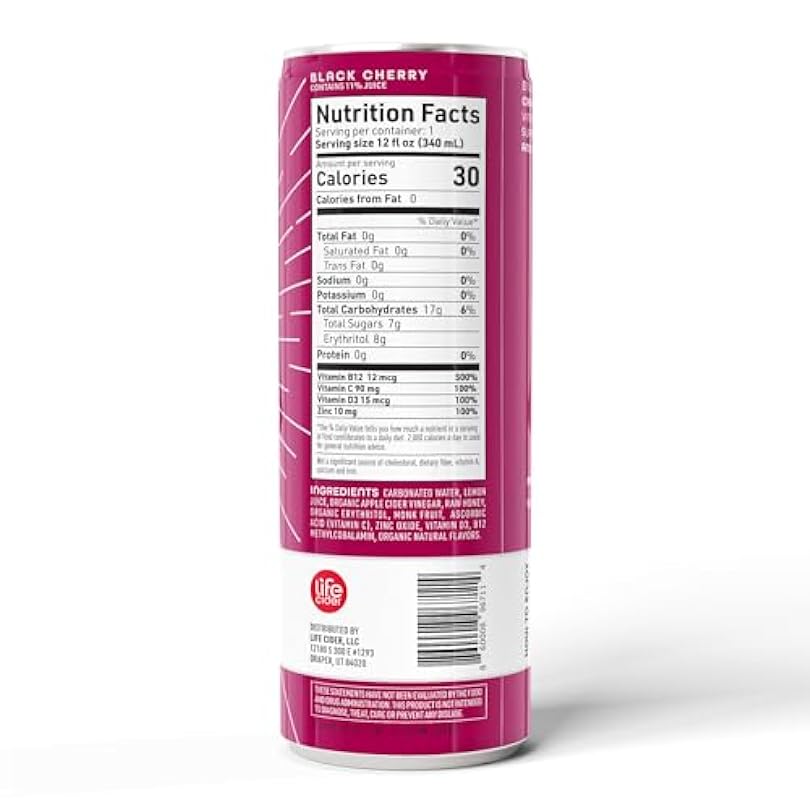 Life Cider Black Cherry Soda w/Apple Vinegar & Immunity Benefits Low Calorie Carb Beverage Digestive Health w/Vitamin C D3 B12 Zinc 12 Fl Oz Pack of 534937807