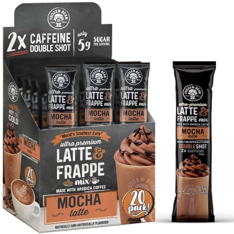 The Frozen Bean - Mocha Frappe & Latte Instant Mix with Arabica Coffee Double Caffeine Low Sugar for Hot Iced or Frappuccino-Style Blended Drinks 20 0.53oz Single Serve Sticks 552934866