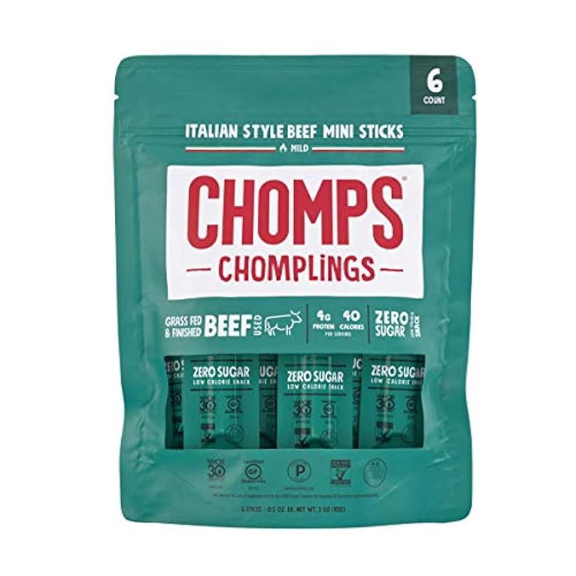 CHOMPS MINI Grass Fed Beef Jerky Meat Snack Sticks 6 count(0.5 Oz), 3 ounce Italian Beef 588762806