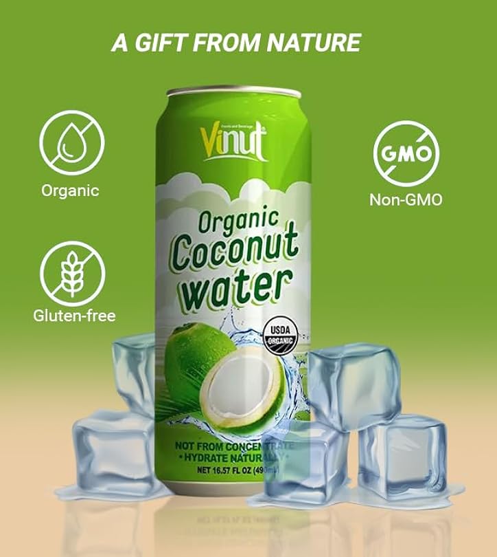 Vinut 100% Pure Organic Coconut Water, USDA Organic, Non-GMO, 16.57 Fl Oz x 24 Cans, No Added Sugar, NFC, Gluten-Free, Fat-Free, Low Calorie (Pack of 24) 606534863