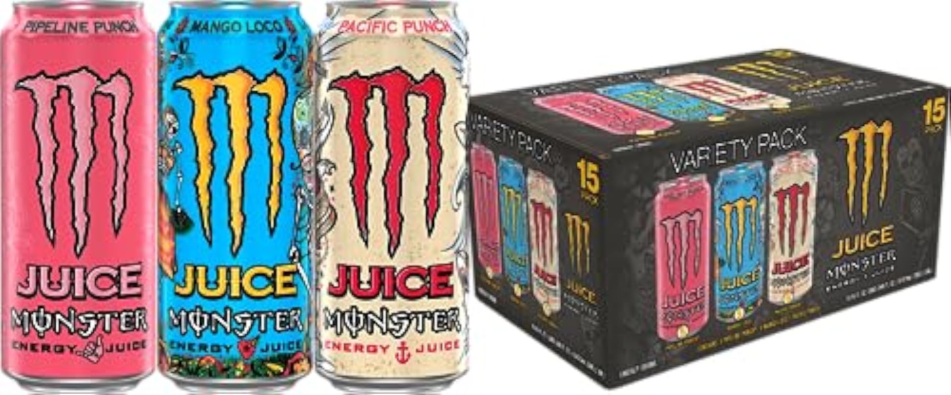 Monster Energy Juice Monster Variety Pack, Pipeline Punch, Mango Loco, Pacific Punch, Energy+Juice, Energy Drink, 16 Ounce (Pack of 15) 63419504