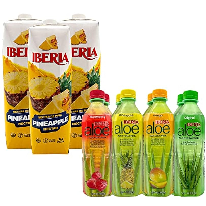 Iberia Aloe Vera Drink with Pure Aloe Pulp, Variety, (Pack of 8) + Iberia Pineapple Nectar, 33.8 Fl Oz, Pack of 3 667191709