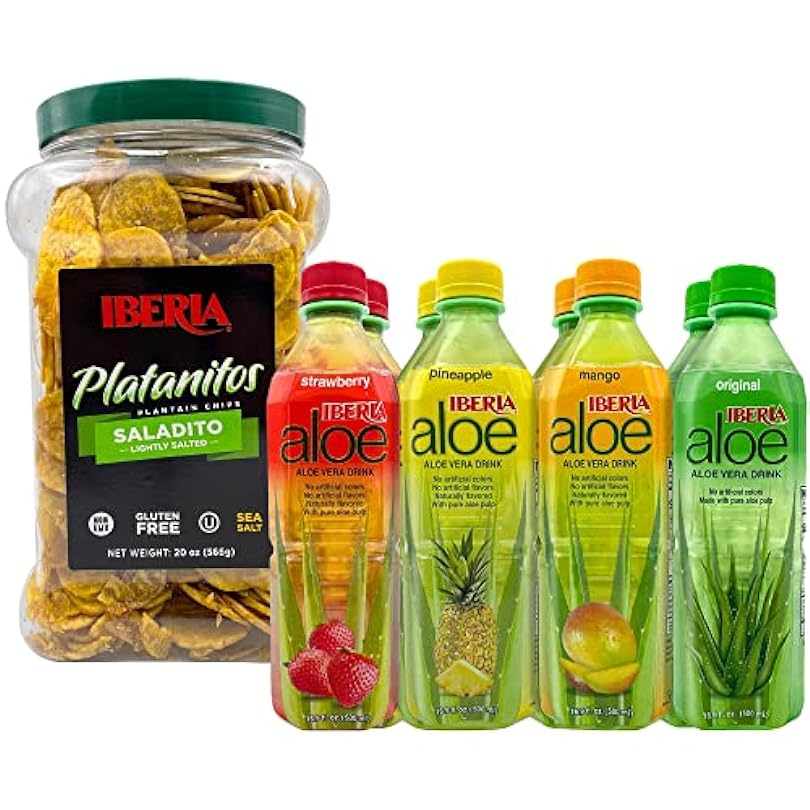 Iberia Aloe Vera Drinks, Variety (Pack of 8) + Iberia Salted Plantain Chips Jar, 1.75 lb. Bundle 724684190