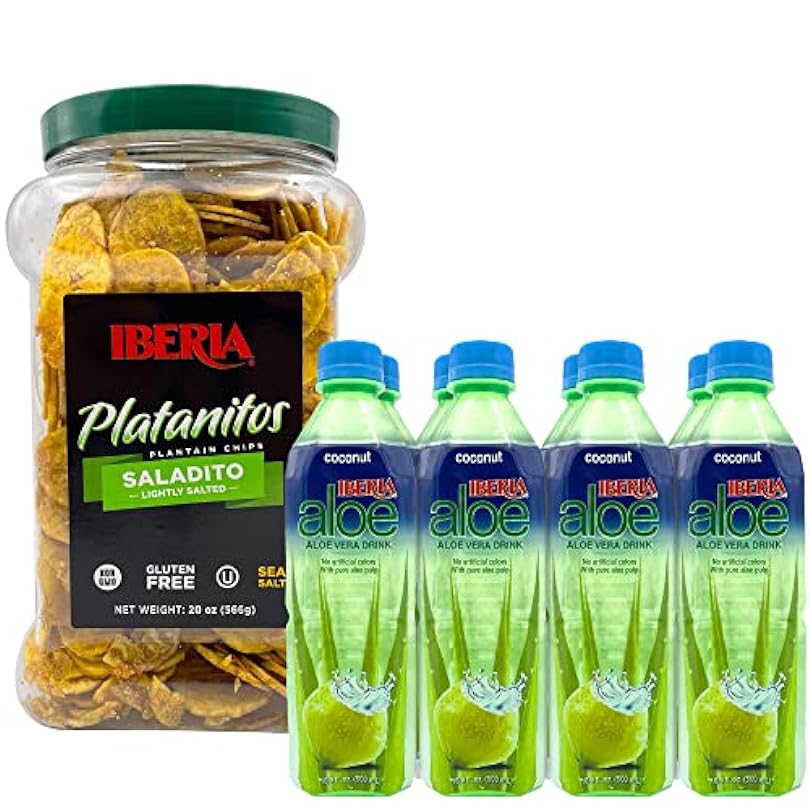 Iberia Aloe Vera Drinks, Variety (Pack of 8) + Iberia Salted Plantain Chips Jar, 1.75 lb. Bundle 724684190