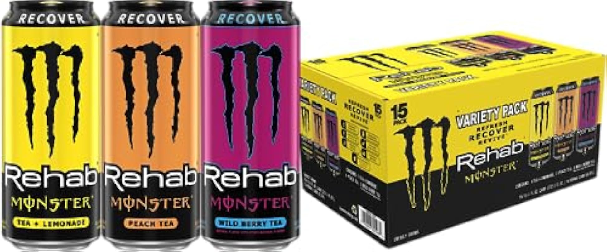 Monster Energy Rehab Tea + Lemonade, Peach Tea, Wild Berry Tea, Variety Pack, Energy Iced Tea,15.5 Ounce (Pack of 15) 725179832