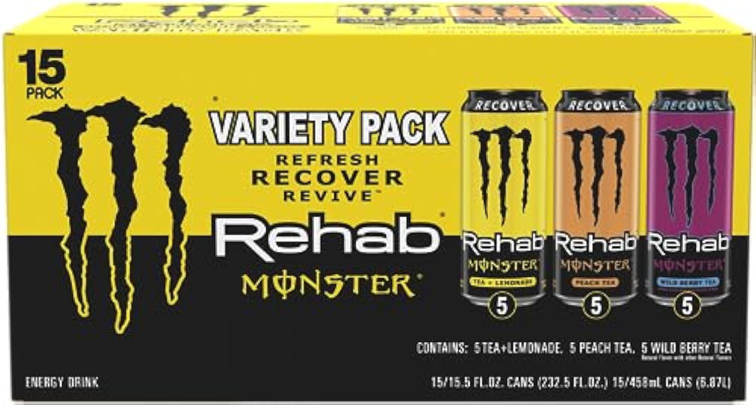 Monster Energy Rehab Tea + Lemonade, Peach Tea, Wild Berry Tea, Variety Pack, Energy Iced Tea,15.5 Ounce (Pack of 15) 725179832