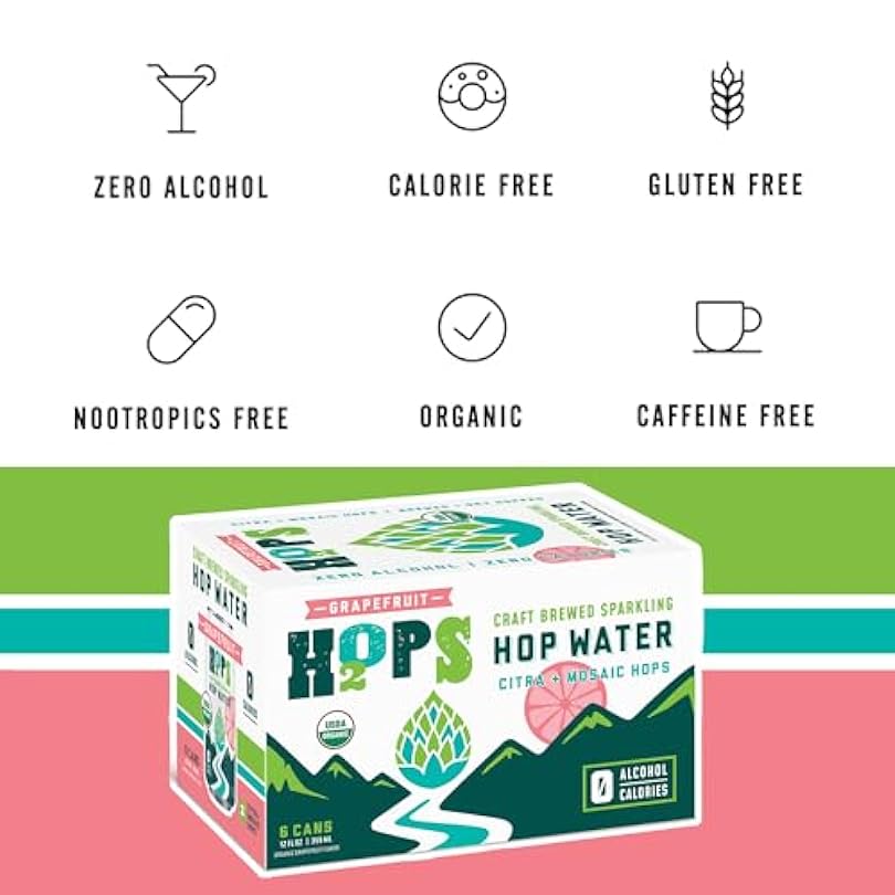 H2OPS Sparkling Hop Water - Grapefruit 24 Pack Zero Calorie NA Beer Craft Brewed Premium Organic Hops Lightly Carbonated Tea Gluten Free Unsweetened Non Alcoholic Drinks 826571911
