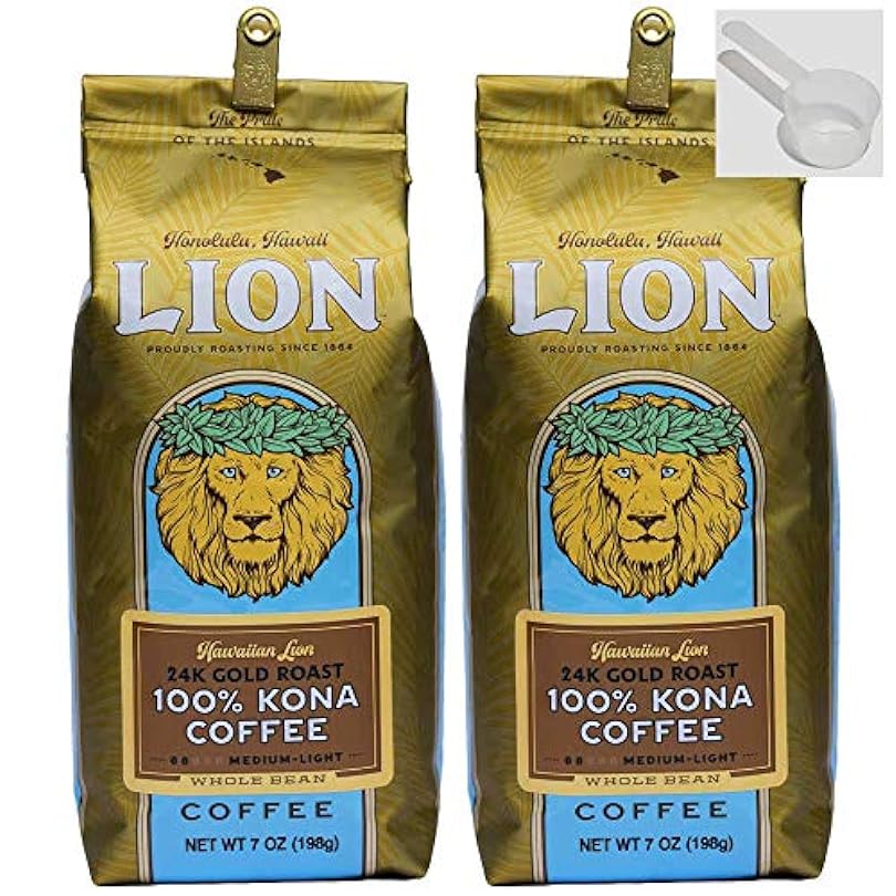 100% Kona Whole Bean, Lion Coffee, 7 Ounce Bag (Pack of Two) With a 2 Tbsp Spoon For Easy Serving 84007532