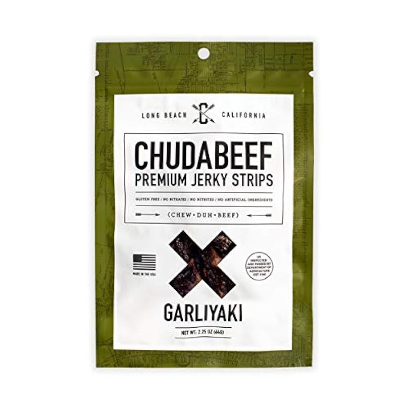 Chudabeef Premium Beef Jerky Garliyaki 1 2.25 oz. Bag - Great Everyday Snack 10g Protein 80 Calories Rib Meat No MSG Gluten Free Nitrites Nitrates Artificial Anything 842009139