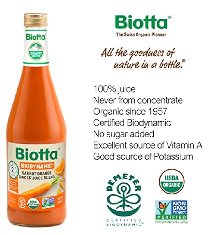 Biotta Biodynamic Carrot Orange Ginger Juice - Demeter Certified 100% Superfood For Optimal Eye Health Immune Support & Muscle Recovery Excellent  16.9 Fl Oz Pk 6 869044764