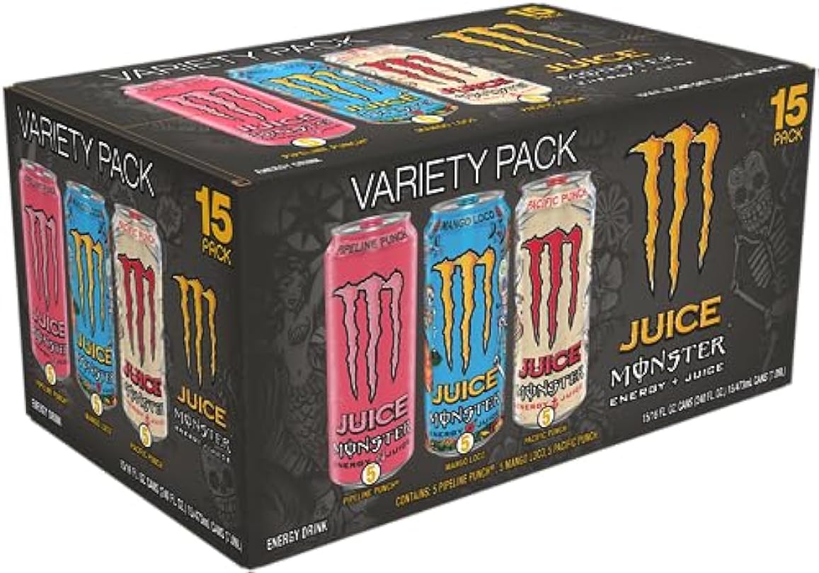 Monster Energy Juice Monster Variety Pack, Pipeline Punch, Mango Loco, Pacific Punch, Energy+Juice, Energy Drink, 16 Ounce (Pack of 15) 88031625