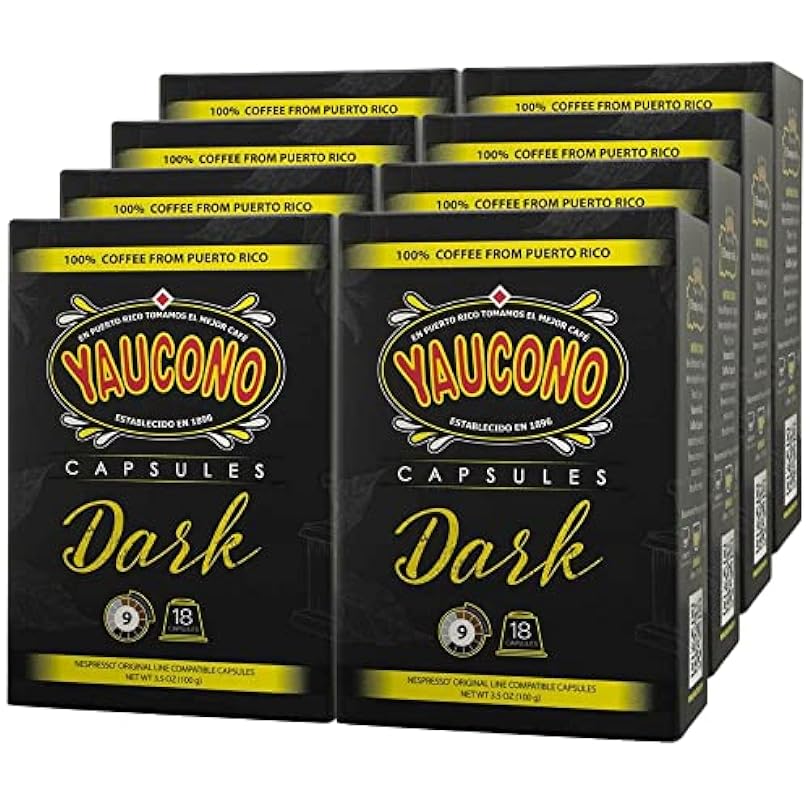 Yaucono Espresso Capsules, Dark Roast,100 Percent Coffee from Puerto Rico Compatible with Nespresso Machines, 18 Count (Pack of 8) 896535510