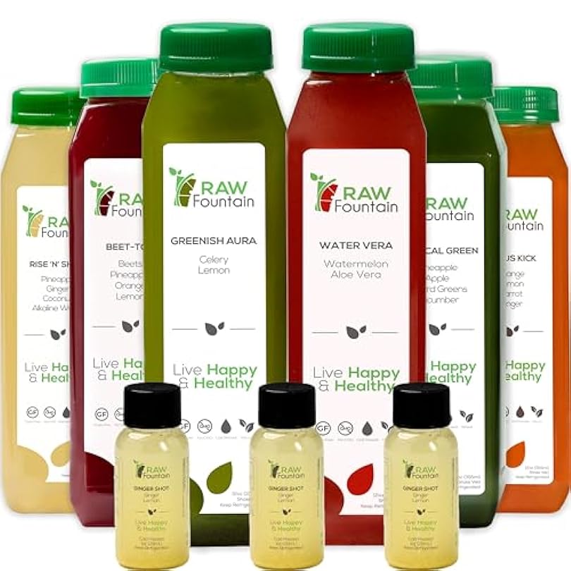 1 Day Juice Cleanse by Raw Fountain, Tropical Flavors, All Natural Raw, Cold Pressed Fruit and Vegetable Juices, Detox Cleanse, 6 Bottles 12oz, 3 Bonus Ginger Shots 932627703