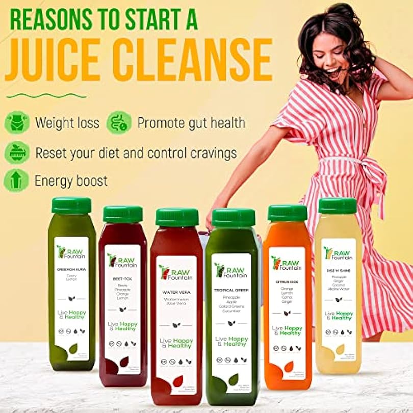 1 Day Juice Cleanse by Raw Fountain, Tropical Flavors, All Natural Raw, Cold Pressed Fruit and Vegetable Juices, Detox Cleanse, 6 Bottles 12oz, 3 Bonus Ginger Shots 932627703