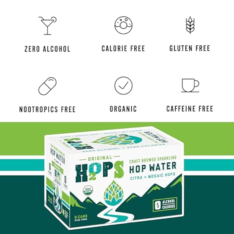 H2OPS Sparkling Hop Water - Original 24 Pack Zero Calorie NA Beer Craft Brewed Premium Organic Hops Lightly Carbonated Tea Gluten Free Unsweetened Non Alcoholic Drinks 945631284
