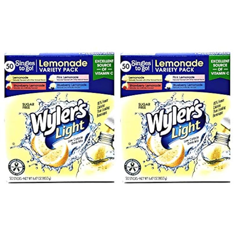 Wylers Light Lemonade Sugar / Gluten Free Bulk Variety Packs - 2 Boxes of 50 Single Sticks To Go 100 Packets Total 4 Flavors Pink Strawberry and Blueberry 951784620